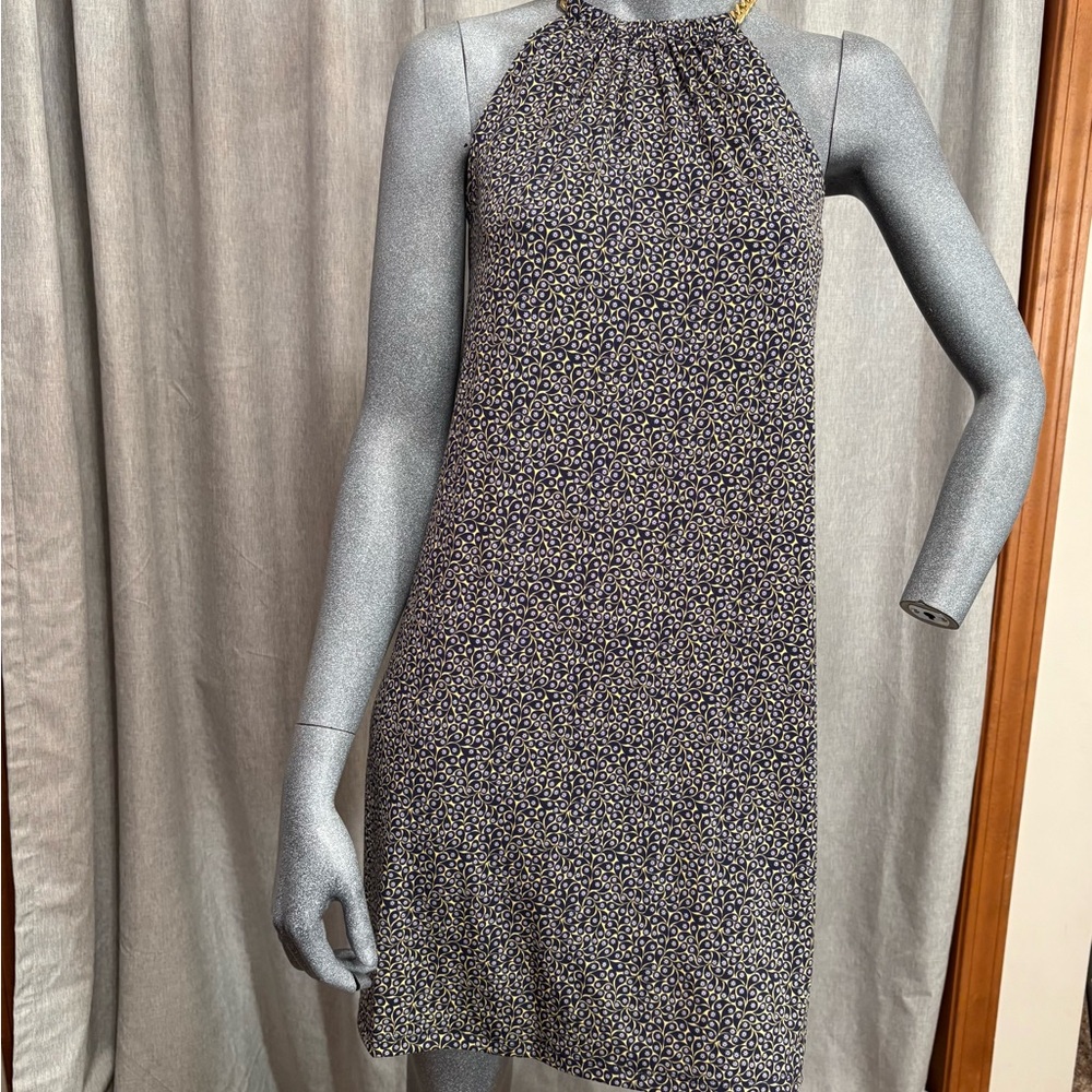 Michael Kors Floral‎ Sheath Dress Knee Length Gold Chain Halter Navy/Yellow Chic